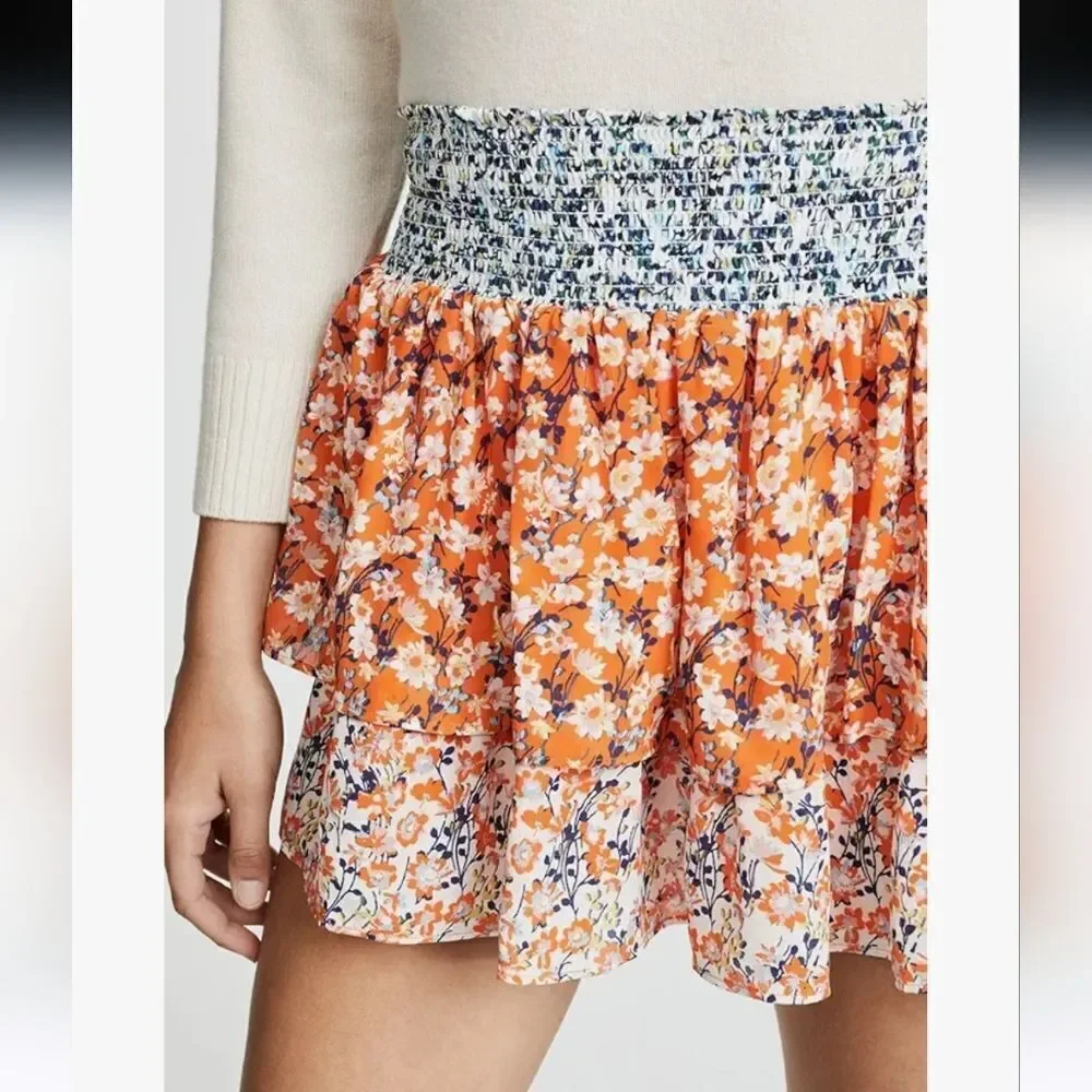 Ramy Brook Printed Annabelle Orange Floral Mini Skirt 100% Silk Size XS